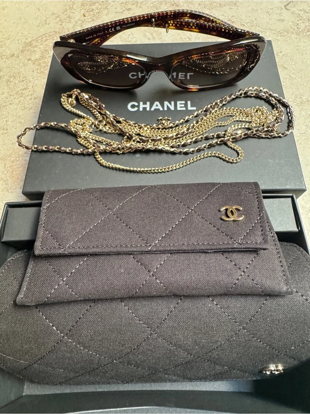 NEW CHANEL rectangle Brown Tortoise Frame Sunglasses with Gold Chain CH5553A